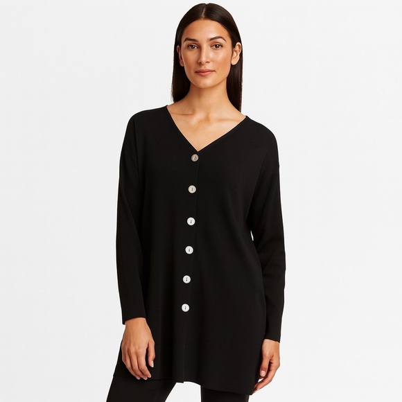 Vintage 90s Belford 100% Silk Black Longline Cardigan Sweater Minimalist Classic - Picture 1 of 16